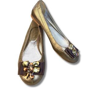 Boden Metallic Jeweled Ballet Flats Bronze Crackle Leather Gemstone Bow EU 39 8